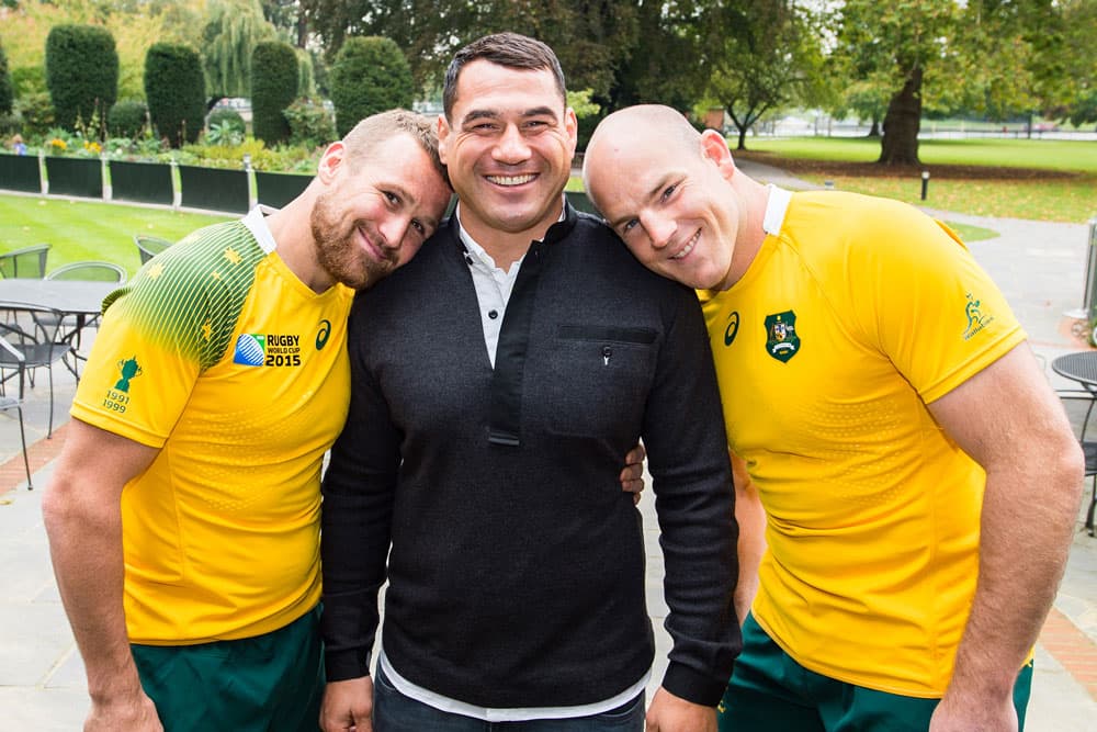 Matt Giteau, George Smith and Stephen Moore ahead of Moore's 100th Test. Photo: RUGBY.com.au/Stuart Walmsley