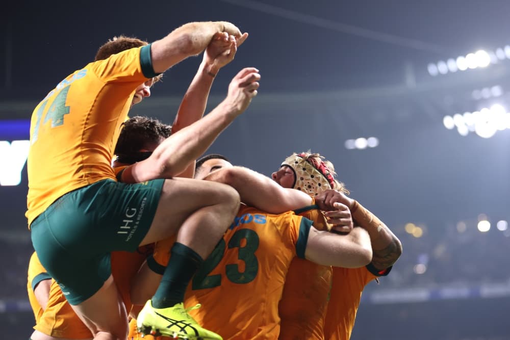 The Wallabies celebrate a remarkable try. Photo: Getty Images