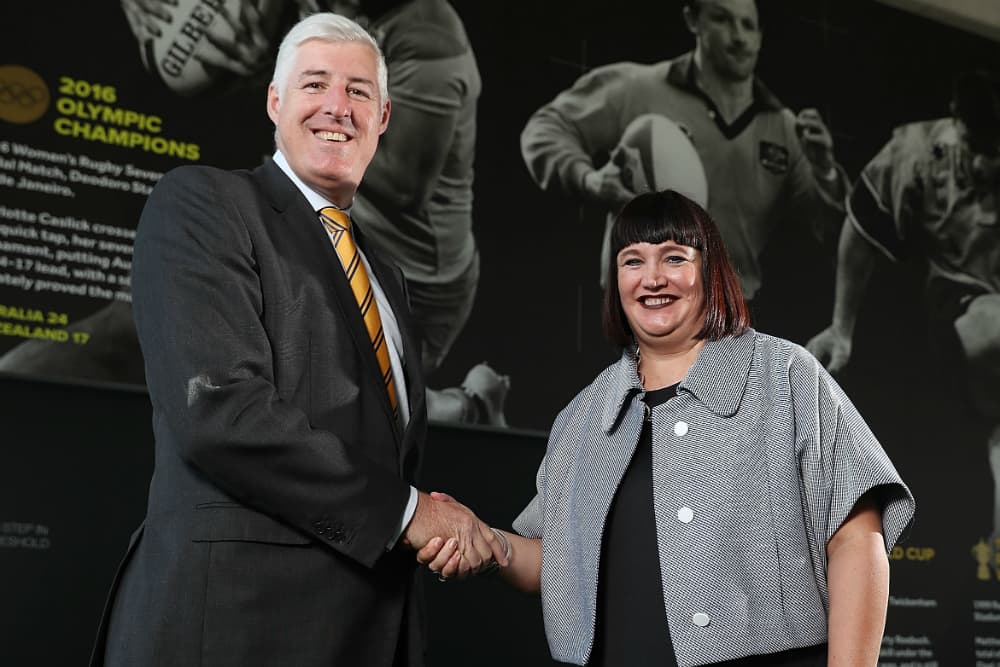 Raelene Castle and Cameron Clyne after Castle's appointment as Rugby AU CEO. Photo: Getty Images