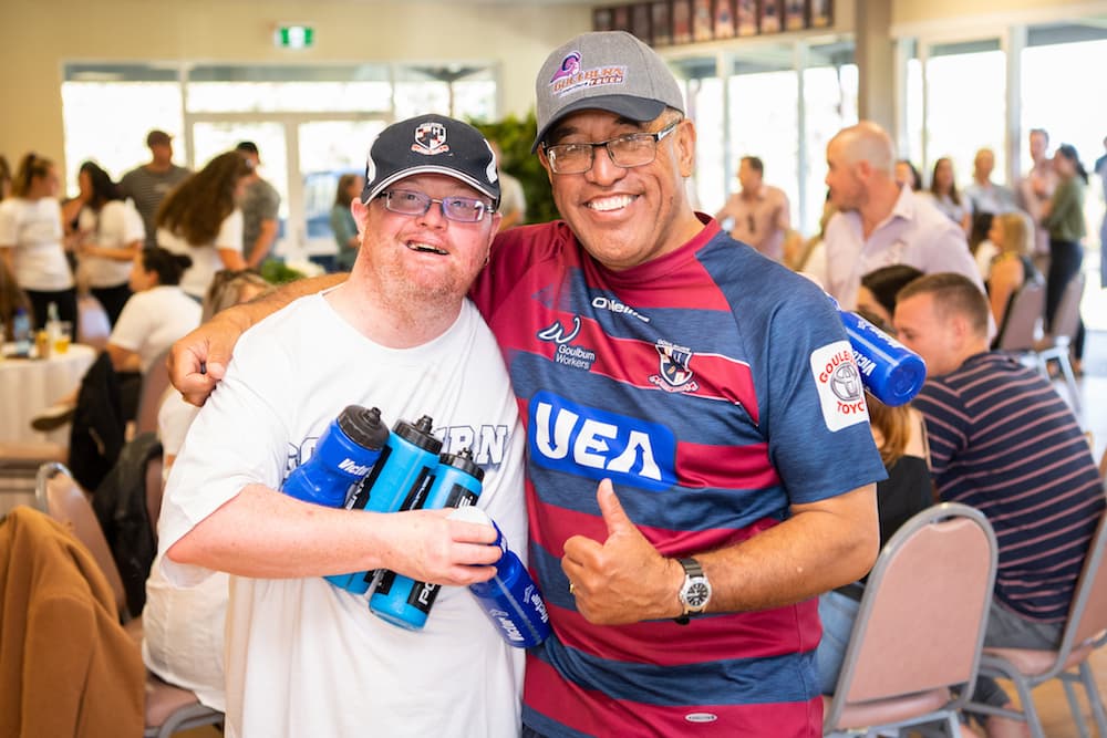 Goulburn Rugby’s ‘twins’, Geoff Shepherd and Kevin Kara celebrate Saturday’s win over Vikings. Photo: Rugby AU Media/Stuart Walmsley