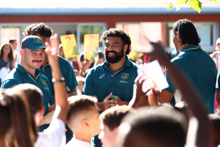 Zane Nonggorr at a Rugby World Cup community engagement opportunity in France last year. Photo: Getty Images