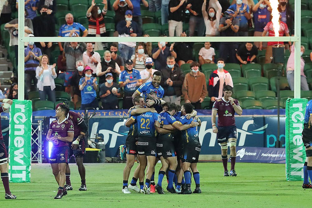 Western Force celebrate a huge win at HBF Park. Photo: Getty Images