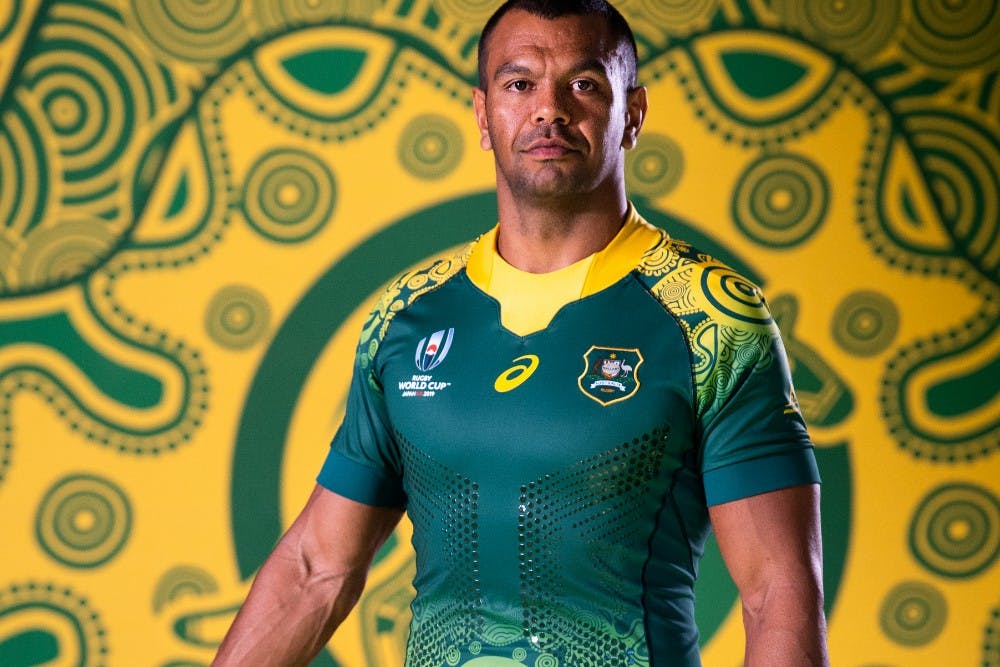 Kurtley Beale models the indigenous jersey the Wallabies will wear at the World Cup. Photo: RUGBY.com.au/Stuart Walmsley