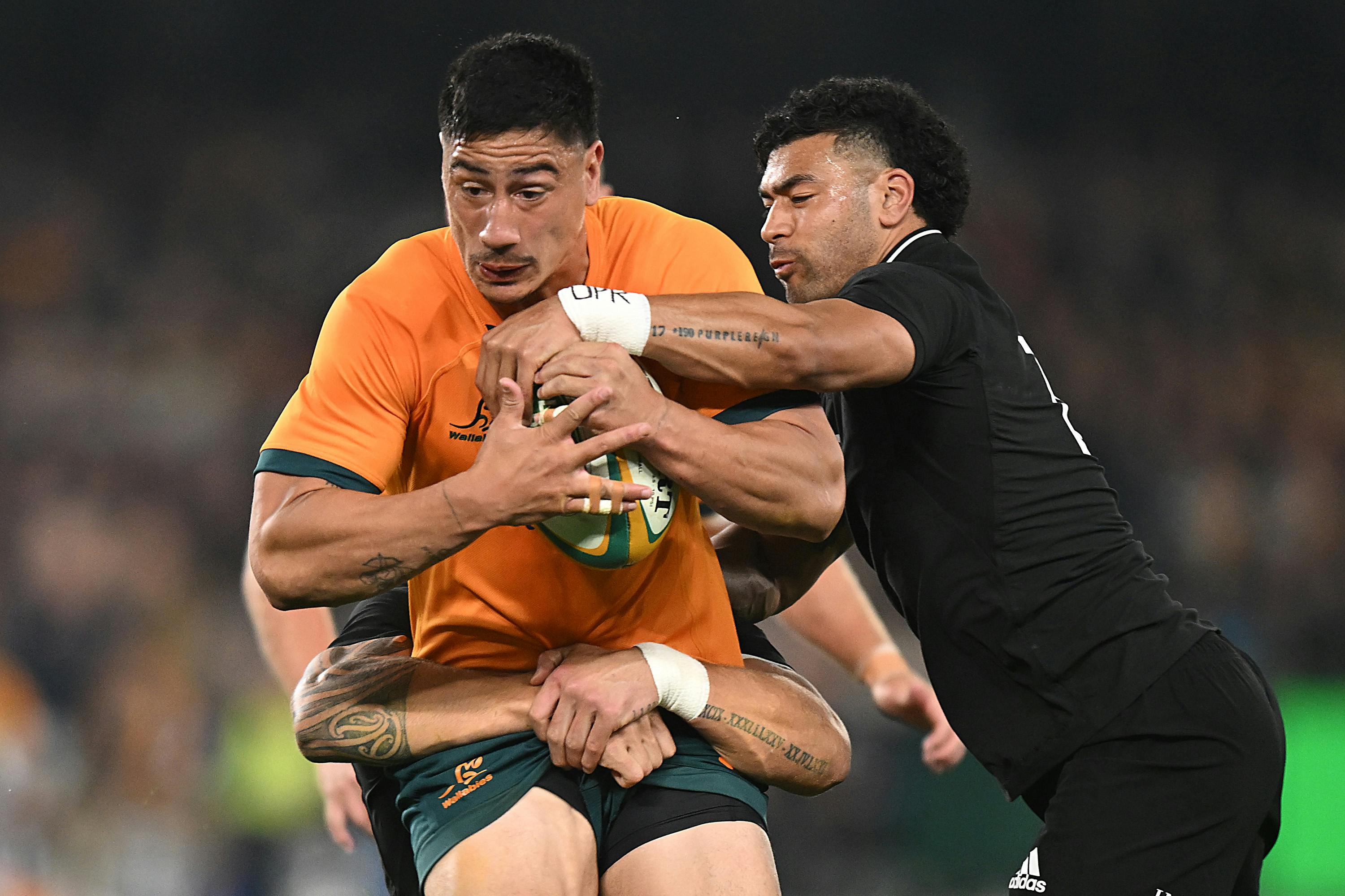 Lalakai Foketi tries to break through a tackle in the 2022 Bledisloe Cup series. Photo: Getty Images