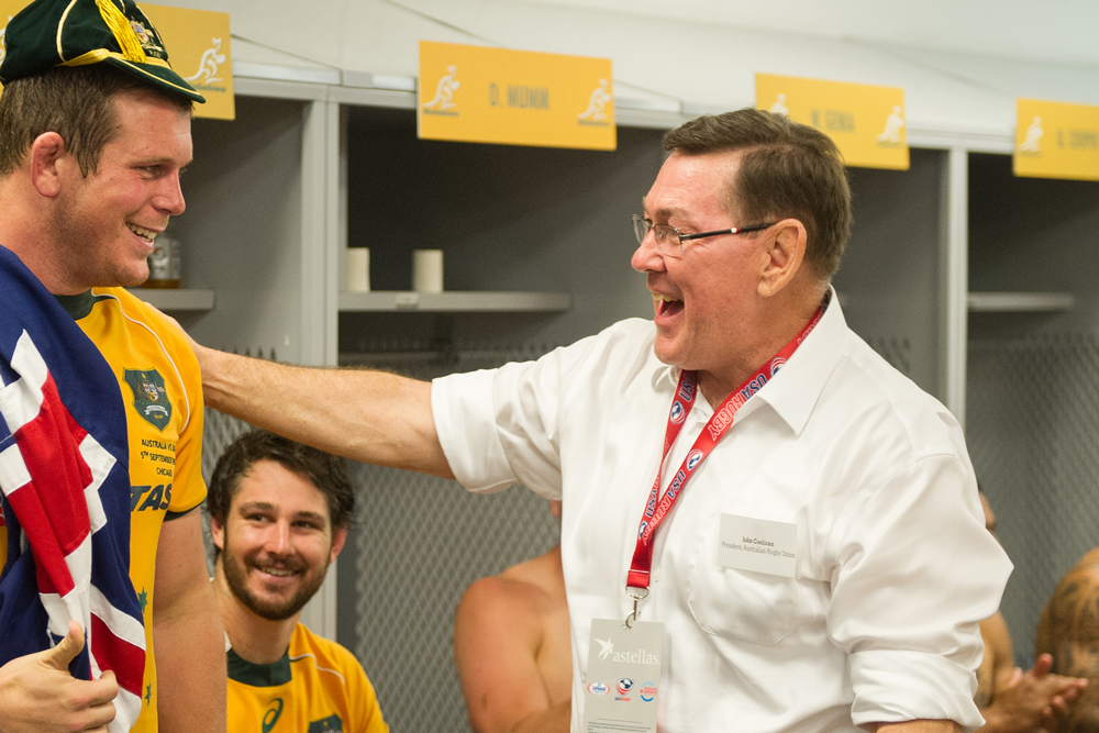 Former Rugby Australia President John Coolican presents Toby Smith's Wallabies cap. Photo: Stuart Walmsley