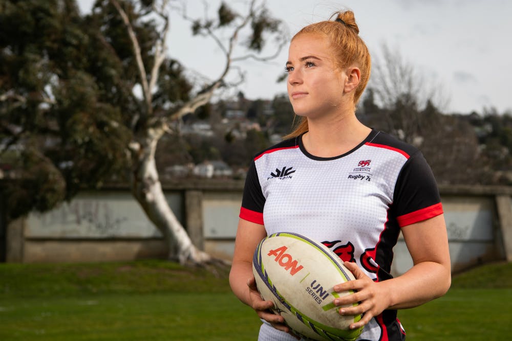 University of Tasmania captain Lauryn Cooper is ready for action in the 2018 Aon Uni 7s. Photo: RUGBY.com.au/Stuart Walmsley
