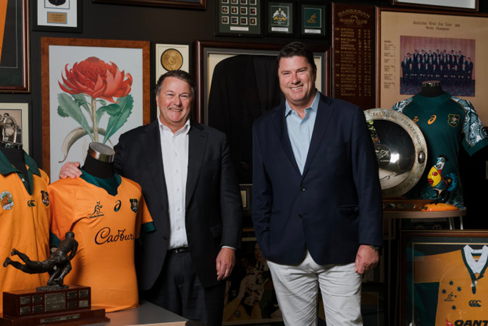 David Harrison and Hamish McLennan with rugby memorabilia at Rugby Australia headquarters. Photo: Getty Images
