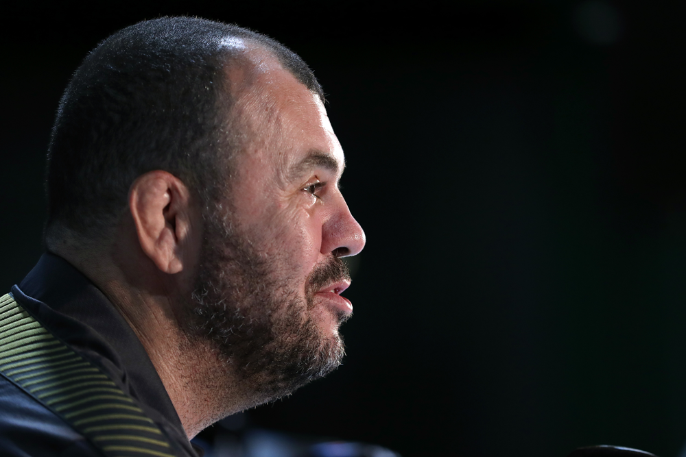 Michael Cheika during a press conference at the Rugby World Cup. Photo: Stuart Walmsely