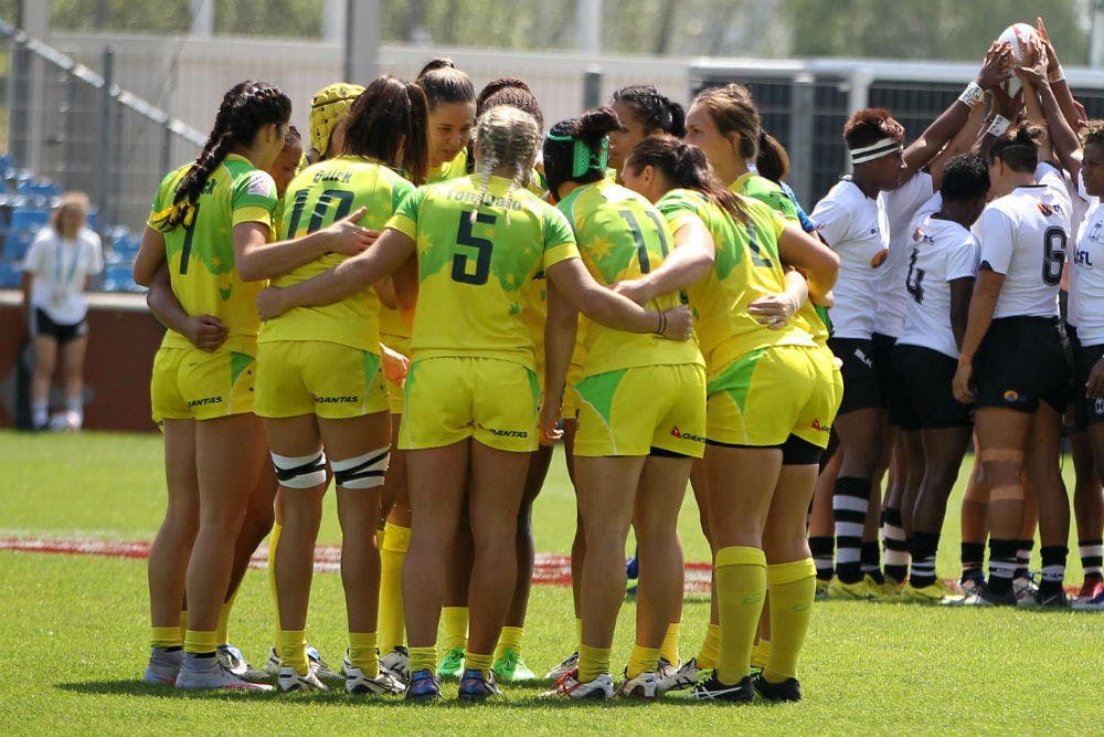 Women's Sevens team embrace. Photo: Rugby AU Media